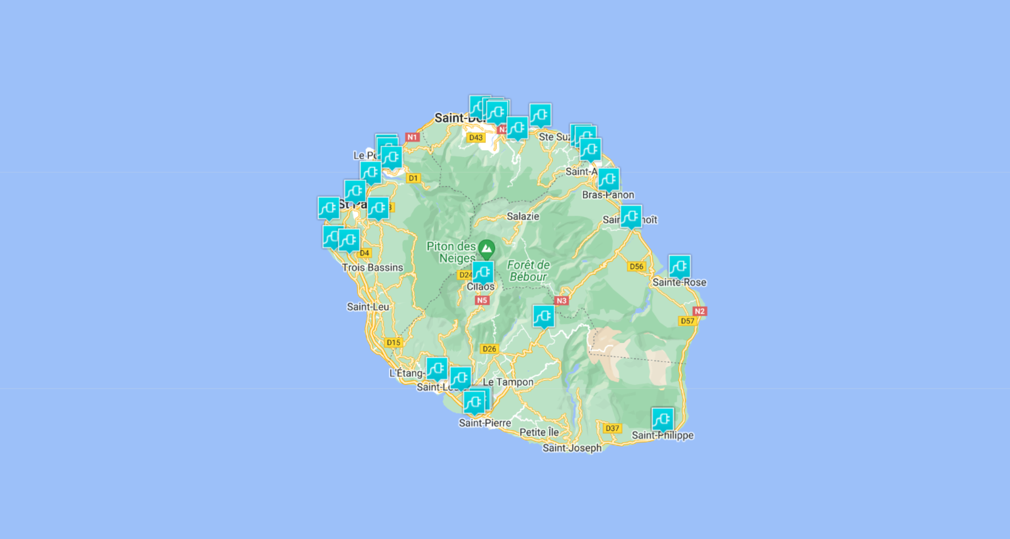 Zoom sur la carte de bornes de recharge gratuites pour voiture électrique à La Réunion