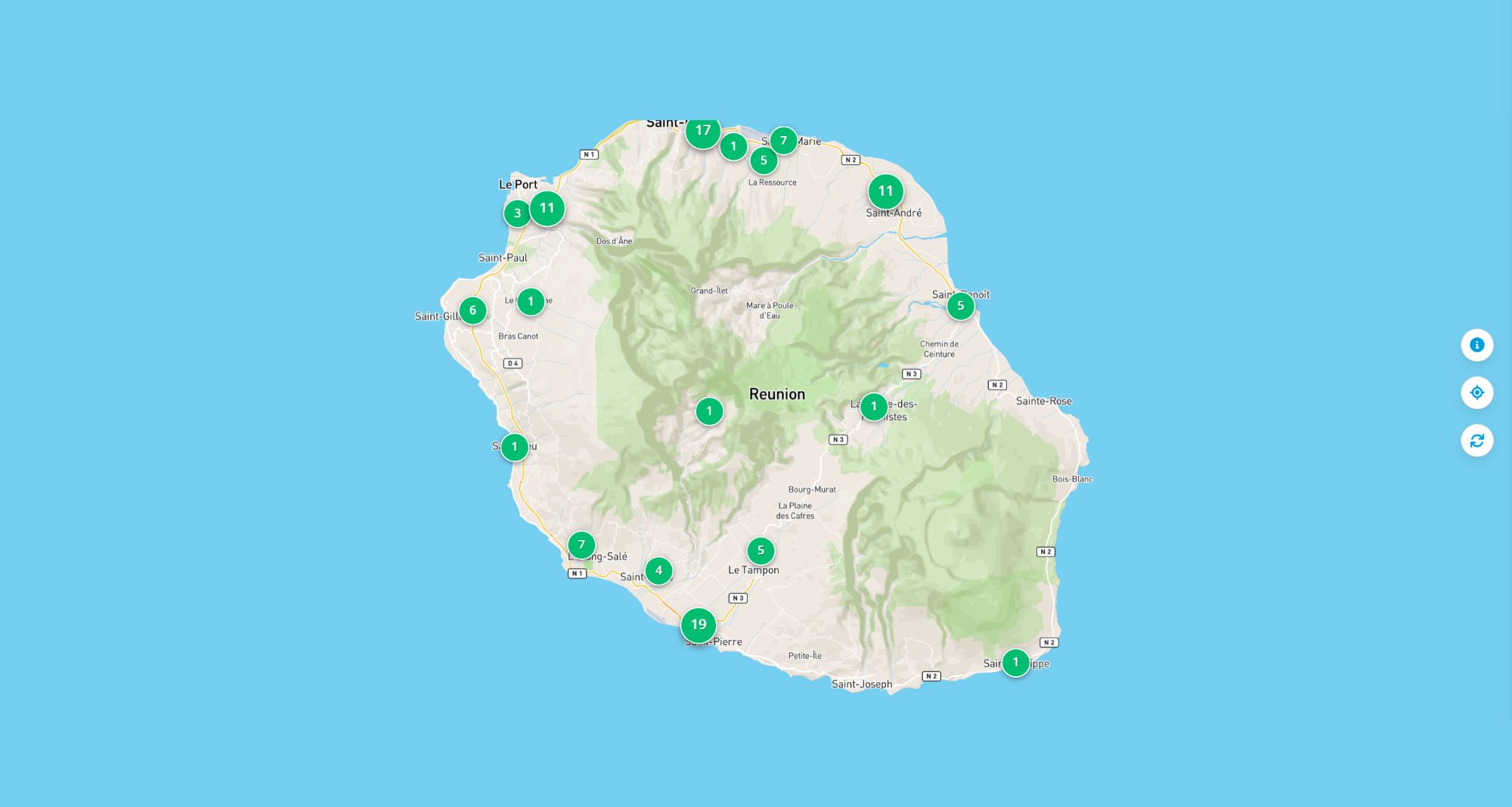 La carte des bornes de recharge Fresmiles à la Réunion